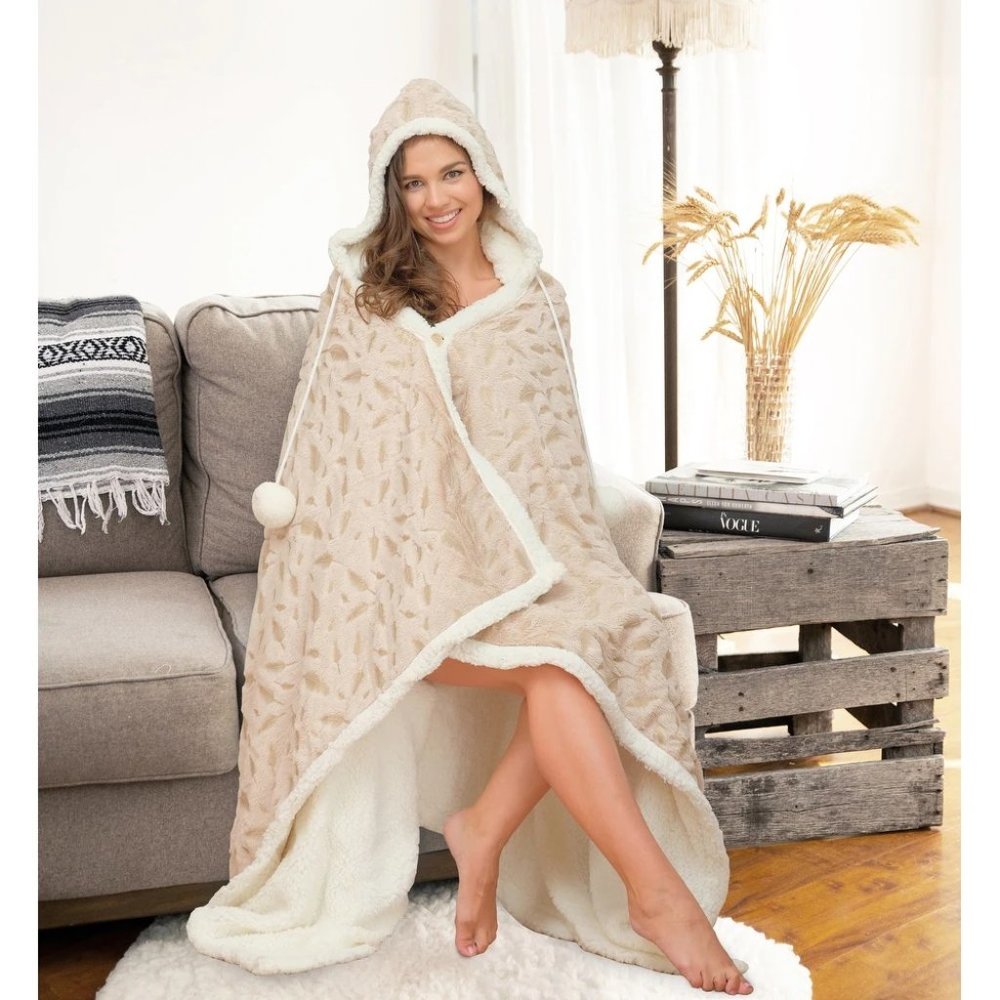 NEW: Super-Soft, Ultra-Plush, Sherpa-Lined Hoodie Blanket- Beige + Cream